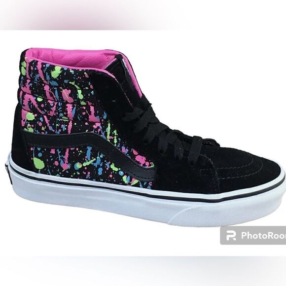 Vans Sk8 Hi Black Neon Paint Splatter Skate Shoes Women's 5.5 Men's 4 Suede - Picture 1 of 10